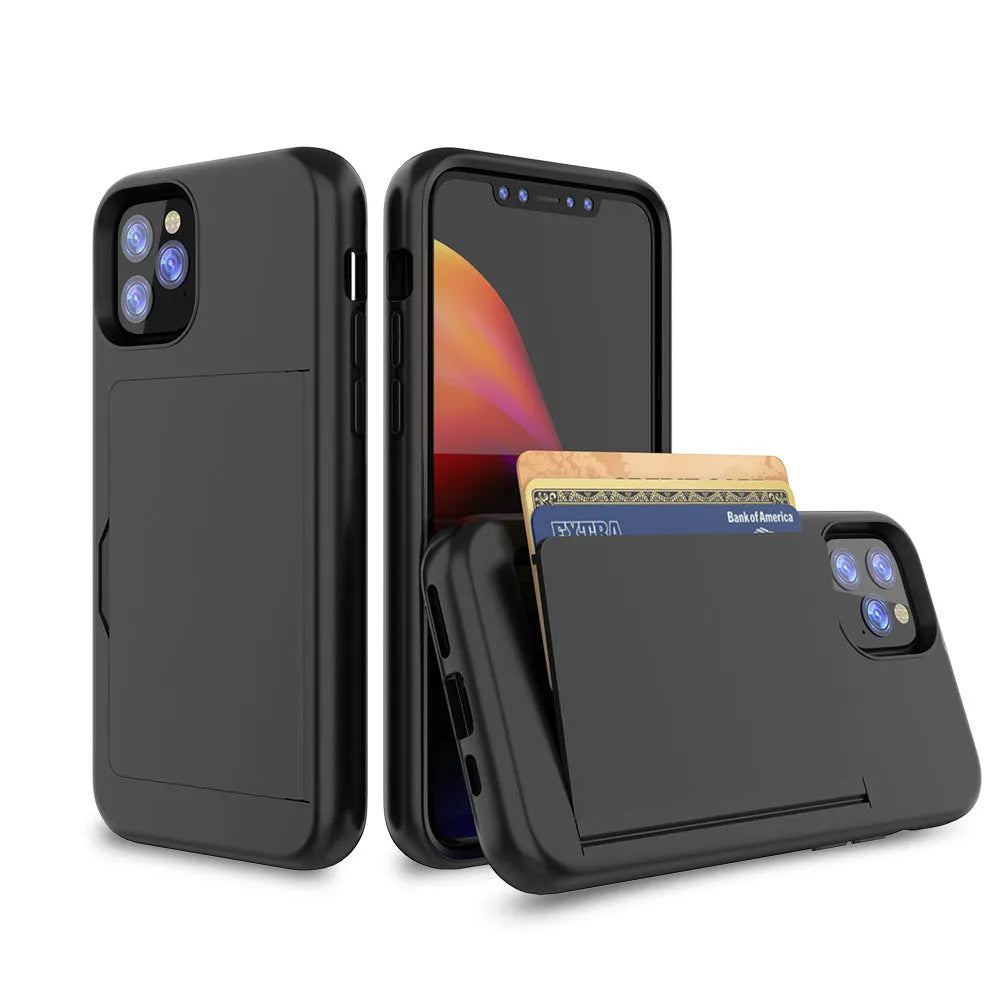 Slim black mobile phone shell for iPhone 11 Pro Max showing back cover design with TPU and PC materials.