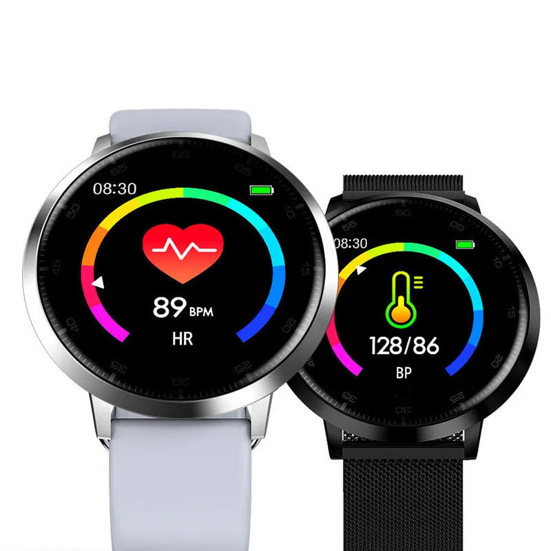 Ultra-thin smart health bracelet with zinc alloy case and silicone wristband showing touchscreen display