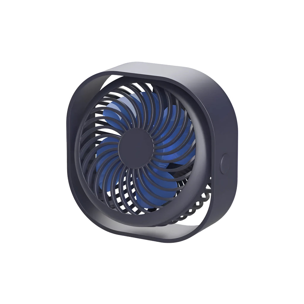 USB-powered desktop fan with alarm clock style in blue, pink, green, or white, showing 360-degree rotation.