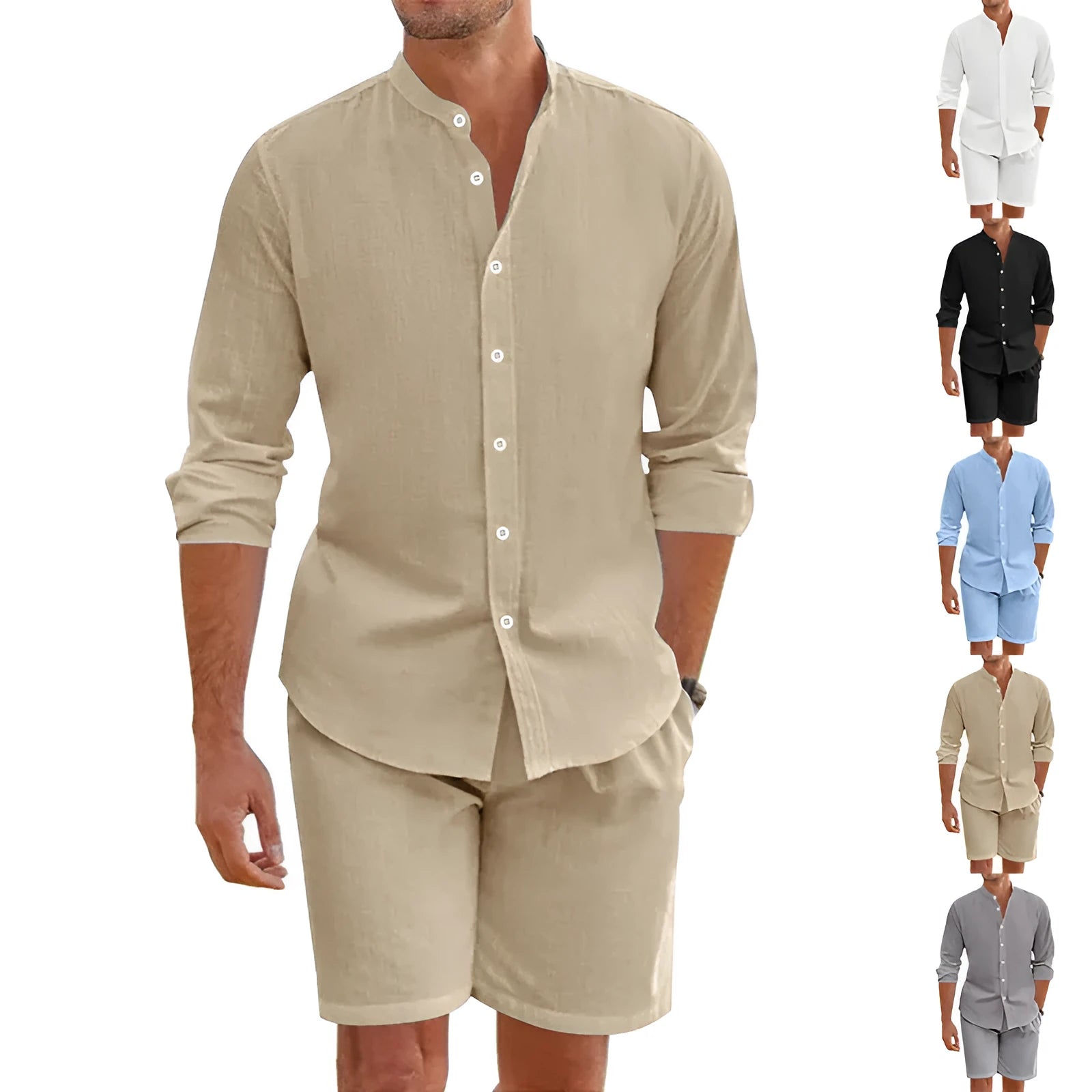 Men's dark grey short sleeve shirt and matching drawstring shorts summer suit set