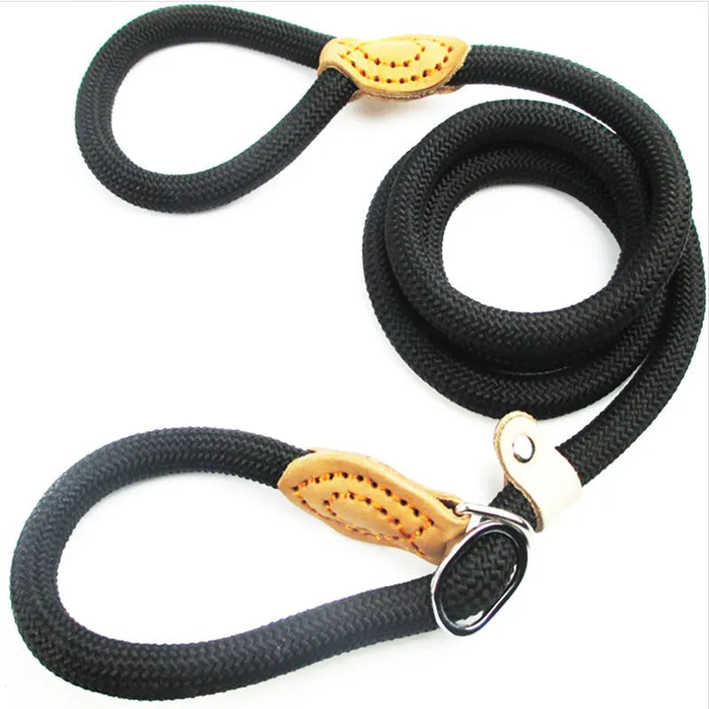 Brown nylon dog leash with P chain attachment measuring 2.1 metres with rope hand holding section