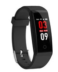 Colour OLED smart bracelet with touchscreen on wrist, showing black, blue, and violet colour options.