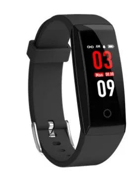 Colour OLED smart bracelet with touchscreen on wrist, showing black, blue, and violet colour options.