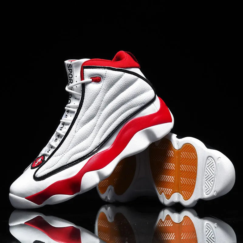 Men's high-top basketball shoes in AJ13 white red colourway with mesh upper and thick rubber sole.