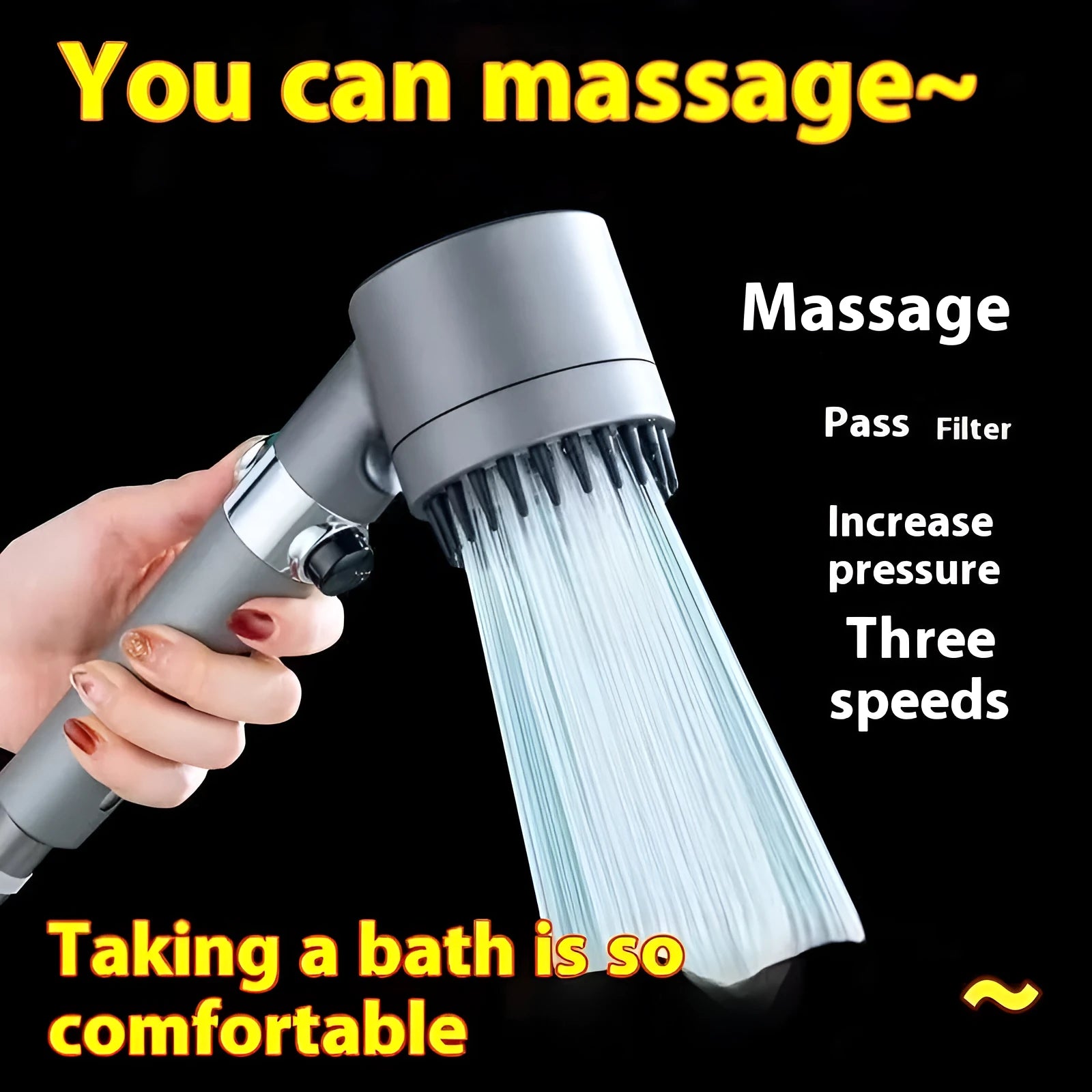 Portable modern simplicity ABS shower head with three gear adjustment for spray, massage, and rain functions.