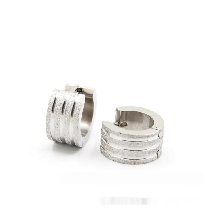 Korean style three-line frosted geometric titanium steel earrings in gold, black, or steel colour.