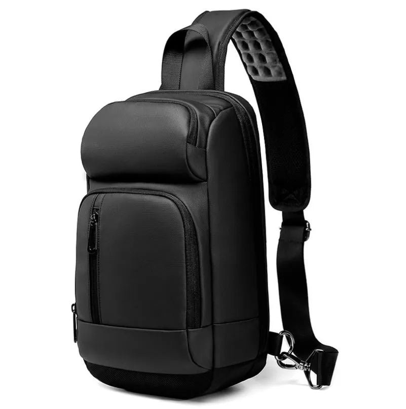 Black PVC outdoor leisure shoulder bag with air cushion strap showing organisational pockets