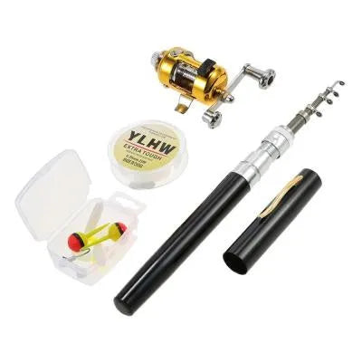 Portable telescopic fishing rod kit with reel in aluminium pen case, shown collapsed and extended.