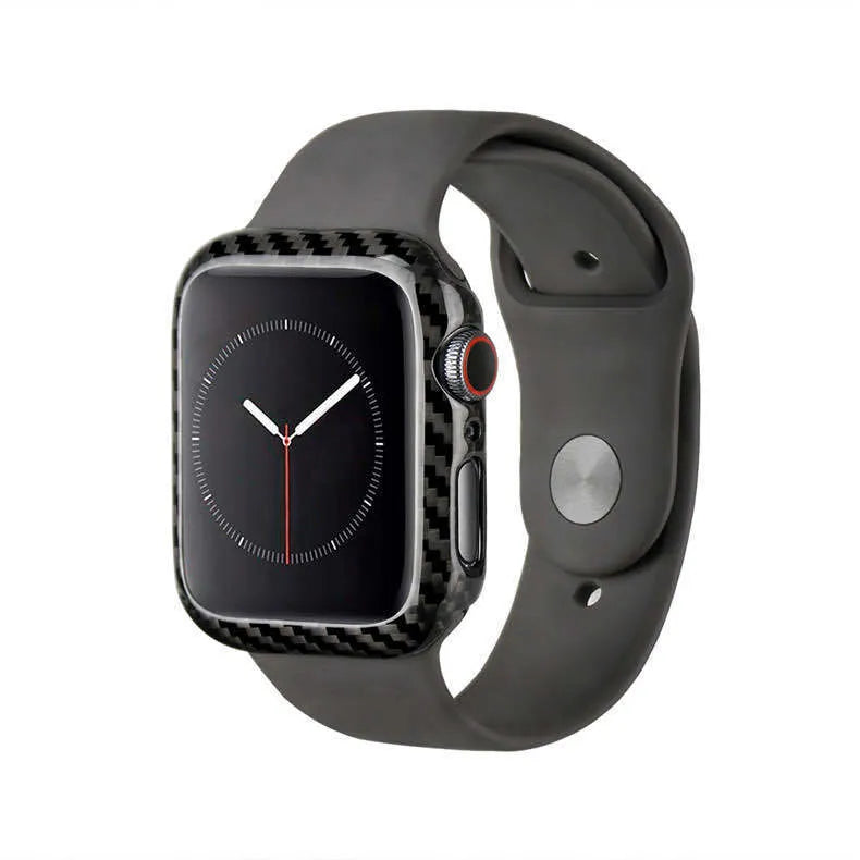 Apple Watch Series 4 44mm in a slim carbon fibre and leather half-wrap case in black.