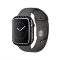 Apple Watch Series 4 44mm in a slim carbon fibre and leather half-wrap case in black.