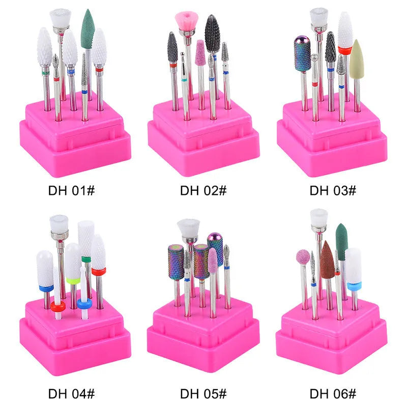 Tungsten steel nail drill polishing head set with six bits and a brush in a transparent case.