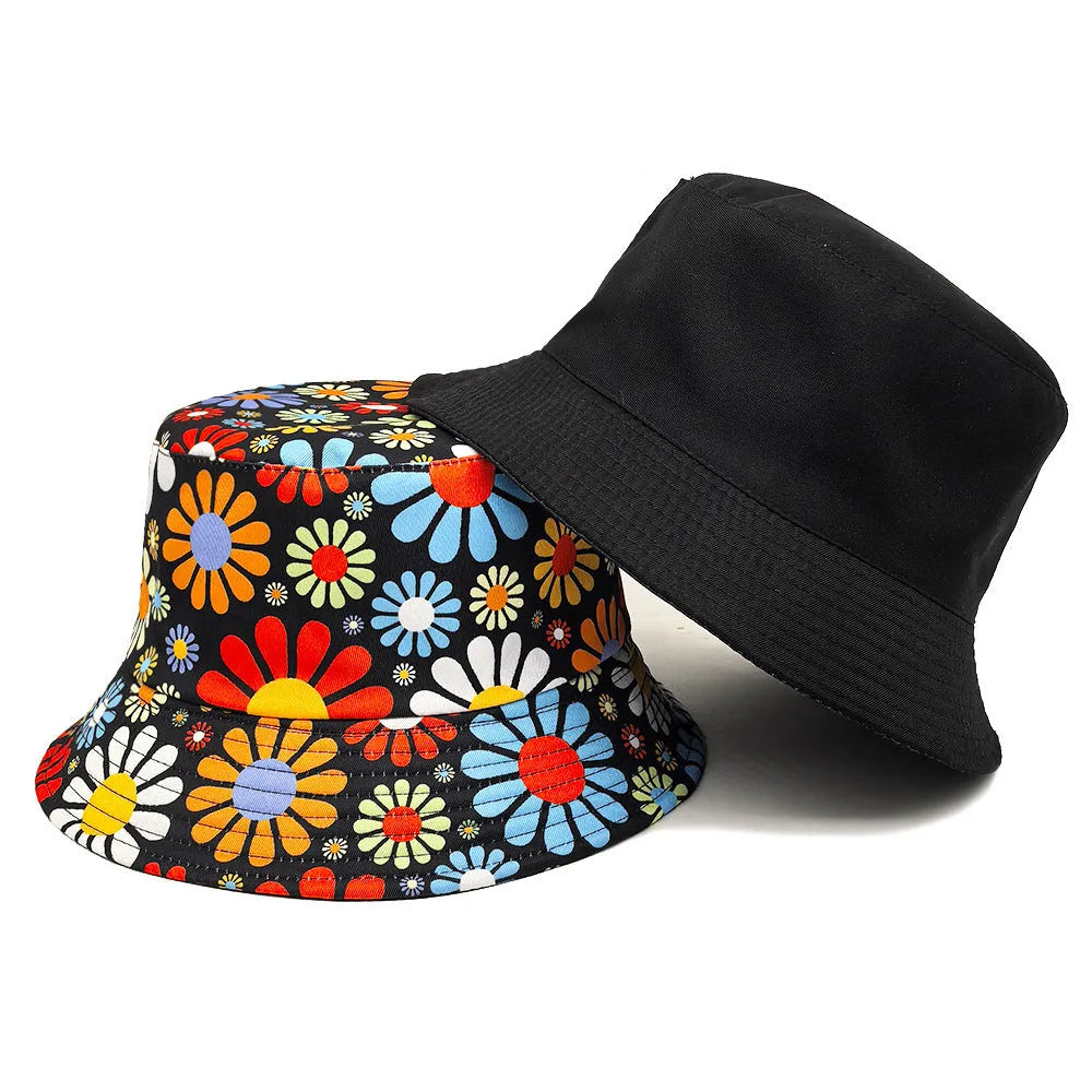 Colourful flower pattern polyester bucket hat with dome crown