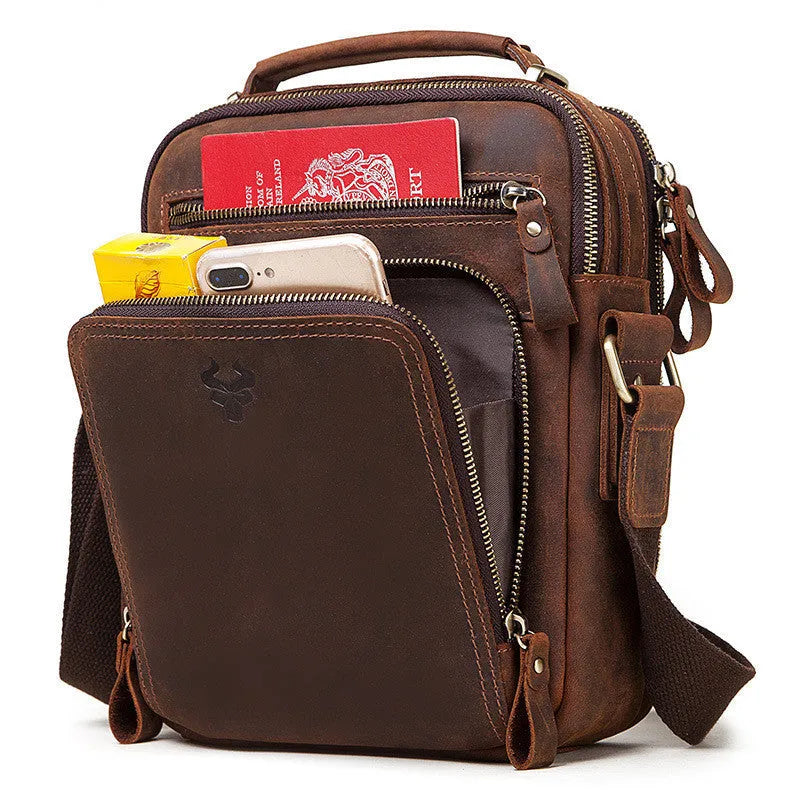 Men's brown leather crossbody bag with single-shoulder strap and retro styling details