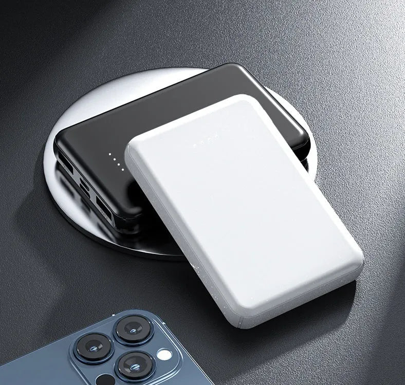 Black and white power bank for electric heating vest belts showing 97mm x 64mm x 14mm dimensions