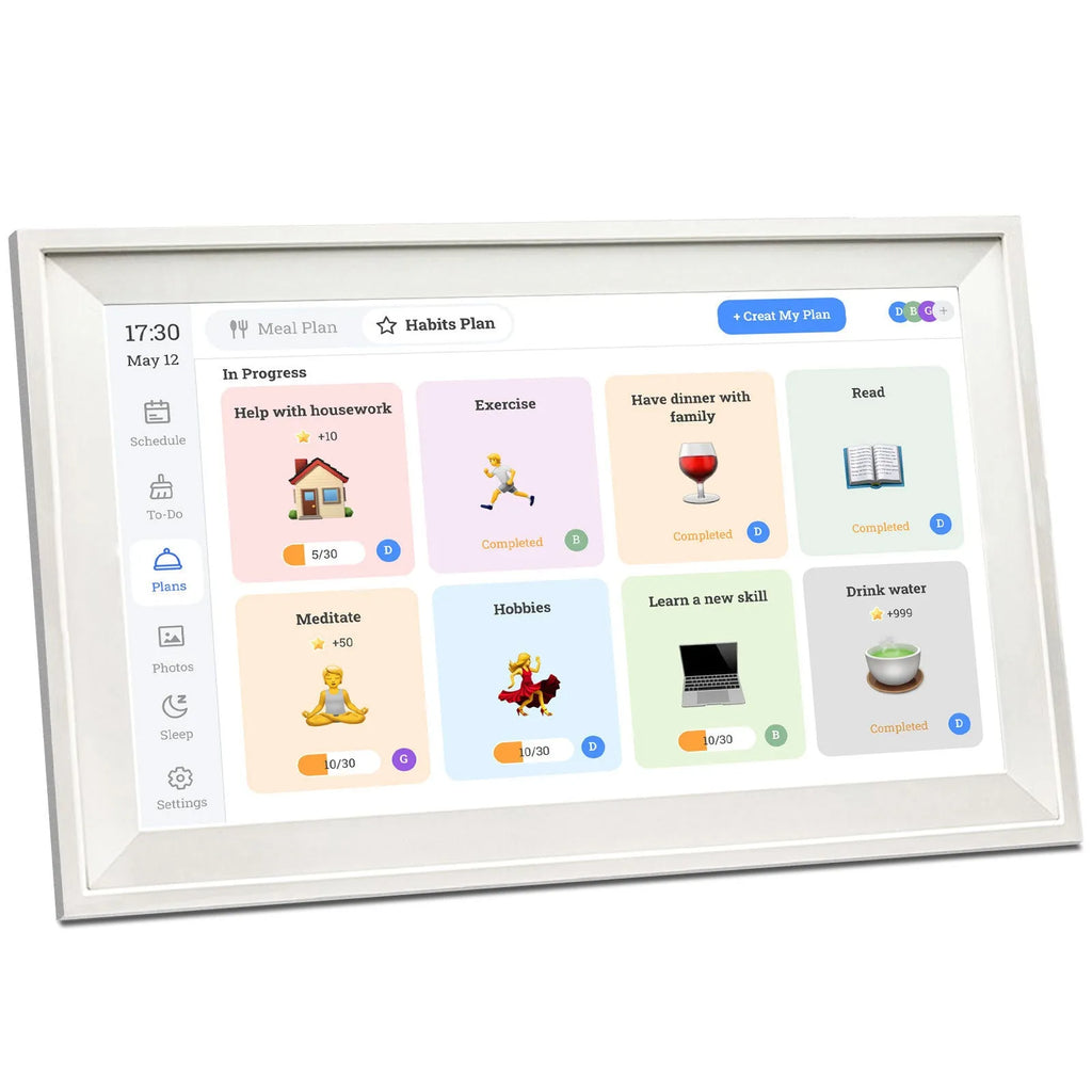 White 15.6 inch smart digital photo frame with app control on tabletop stand