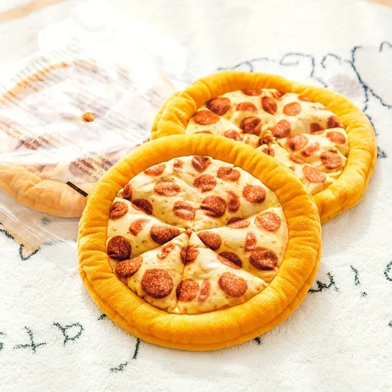 Yellow pizza design dog chewing toy with teddy bear motif measuring 20cm across