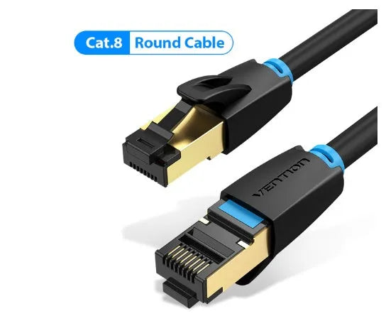 CAT8 ethernet cable with RJ45 connector, available in flat and round styles in various lengths.