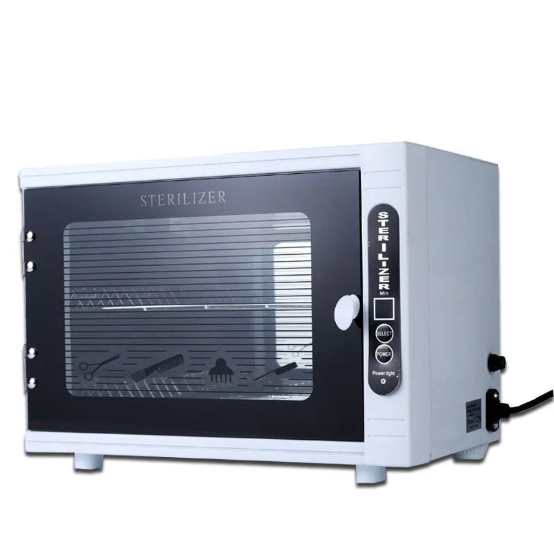 Small silver ultraviolet steriliser for salon tools with stainless steel inner chamber