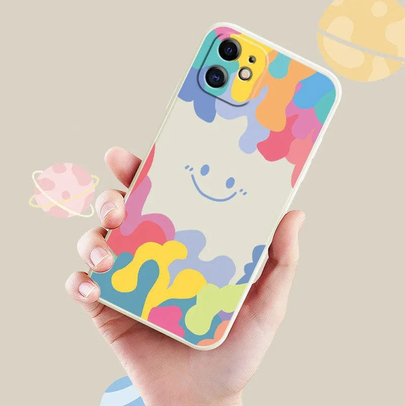 Rainbow smiley face print TPU phone case with attached lanyard in white or black colour options