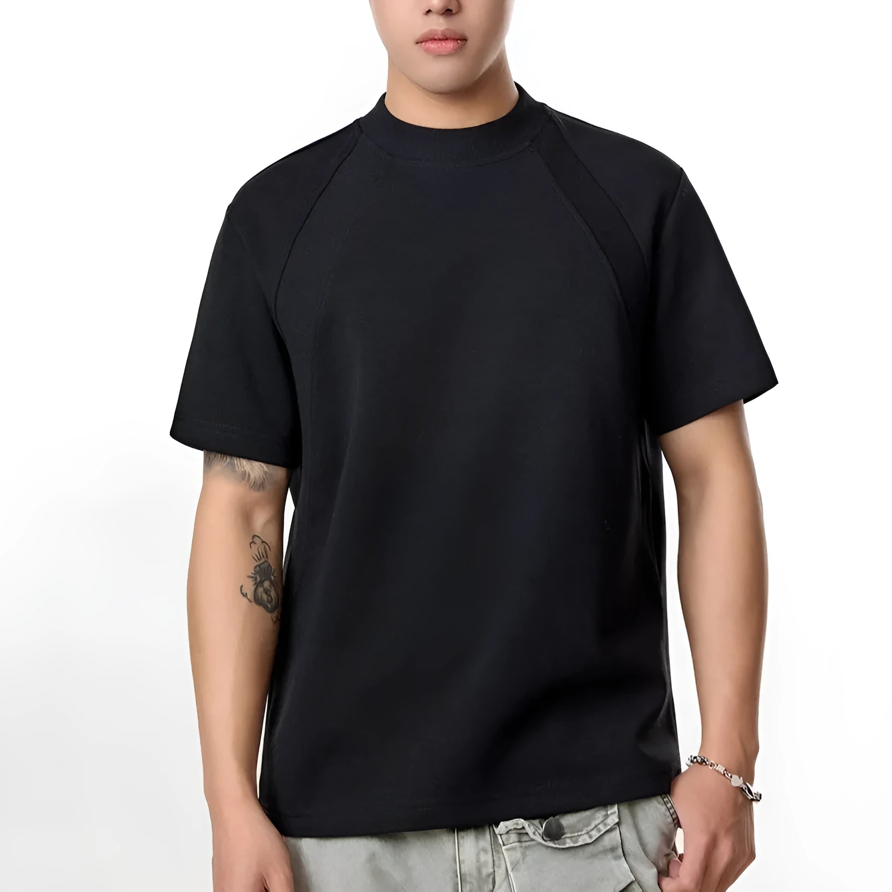 Short sleeve loose fit top with air layer stitching texture in black colour