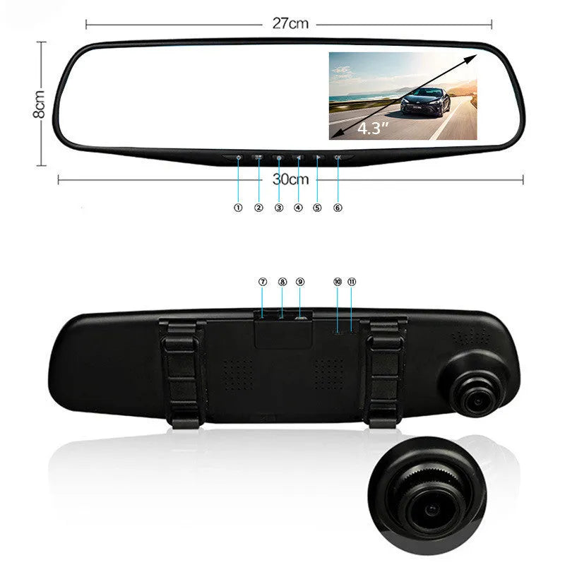 Black car driving recorder mounted on rearview mirror with 4.3-inch display and 170° wide angle lens.
