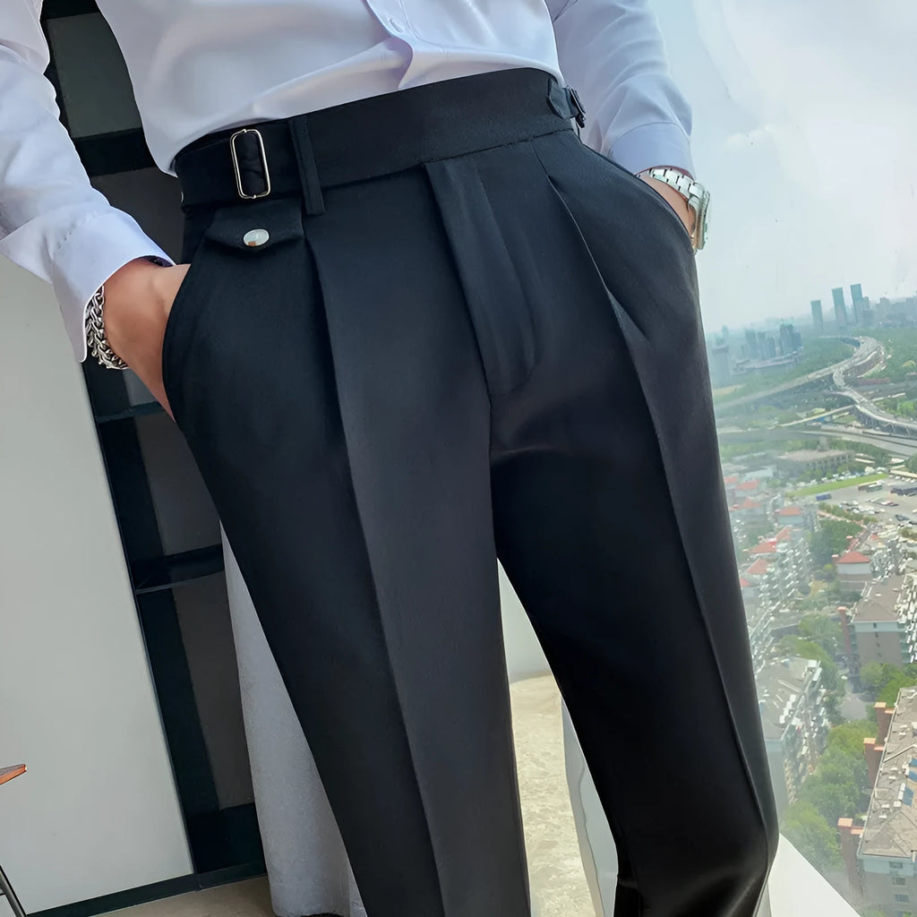 Men's straight-leg polyester trousers in solid colours with waist size range 29-36
