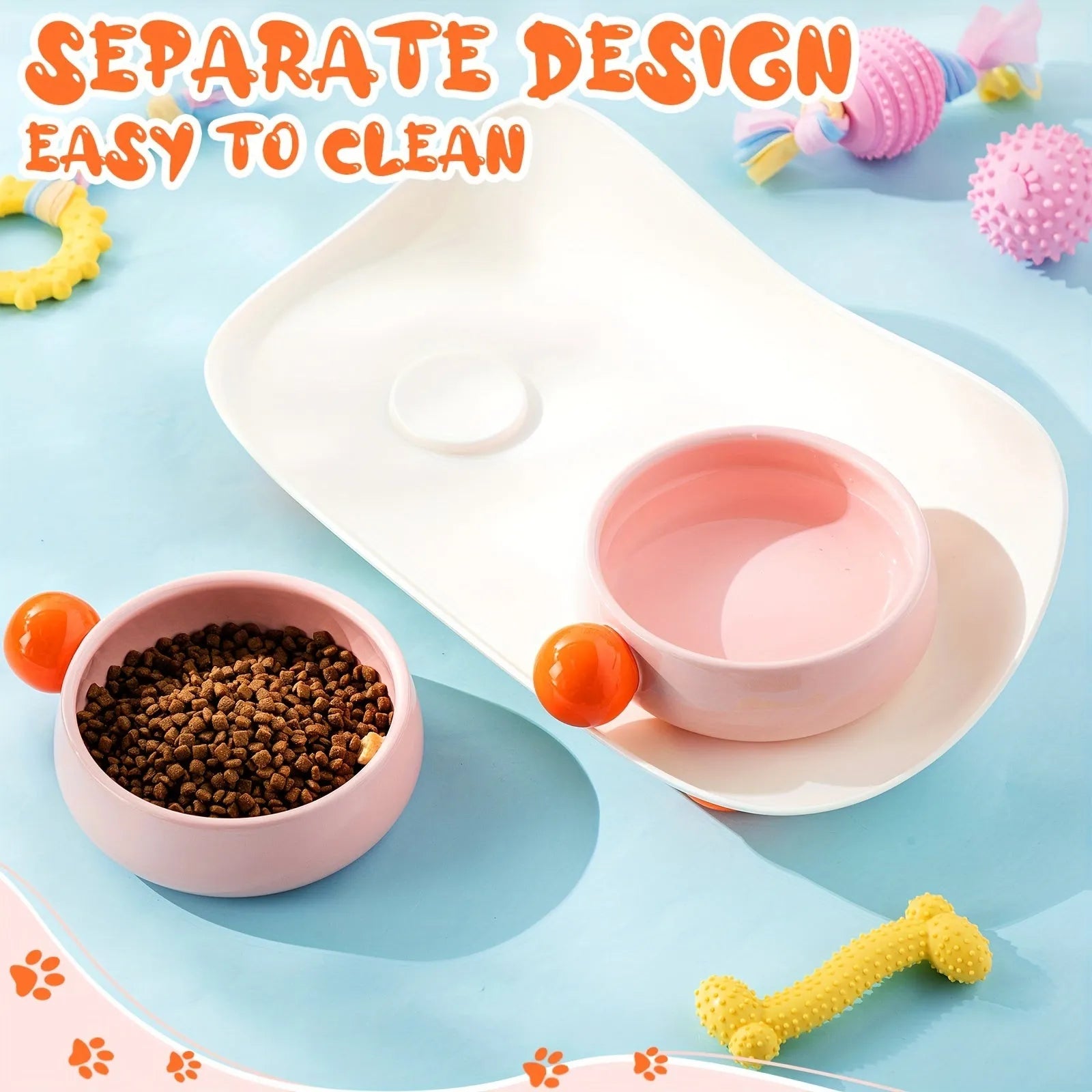 Two ceramic pet bowls on raised non-slip bases, in pink and yellow colours.