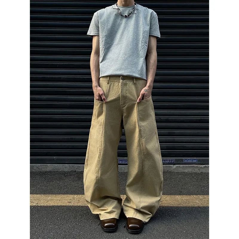 Men's khaki cotton straight leg casual trousers on a white background