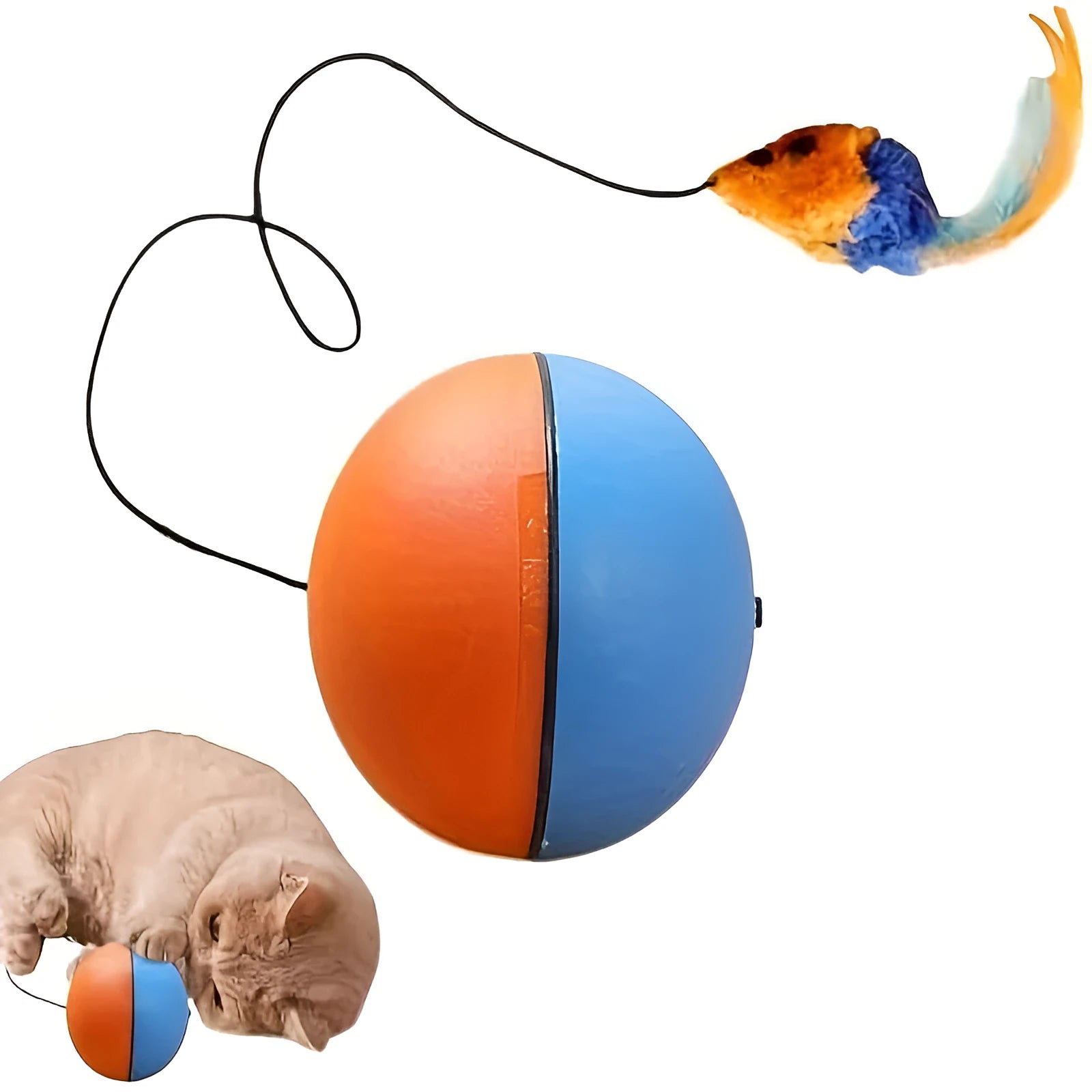 Blue and orange soft plush mouse cat toy for interactive indoor exercise.