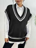Women's loose fit college style acrylic pullover vest sweater in blue, coffee, or black colours