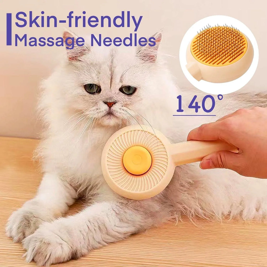 Blue and yellow pet grooming brush with angled metal bristles and a self-cleaning button.