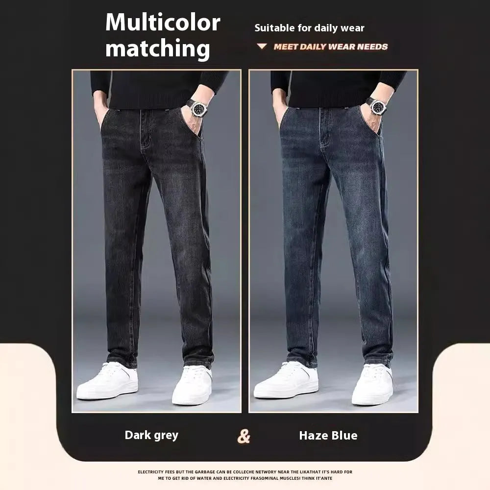 Blue grey slim straight casual trousers with micro elastic waist for summer street fashion wear
