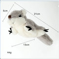 Grey flapping squirrel cat toy with USB charging cable on floor
