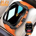 Men's smart watch with AMOLED screen on wrist, showing Bluetooth calling and fitness tracking interface.