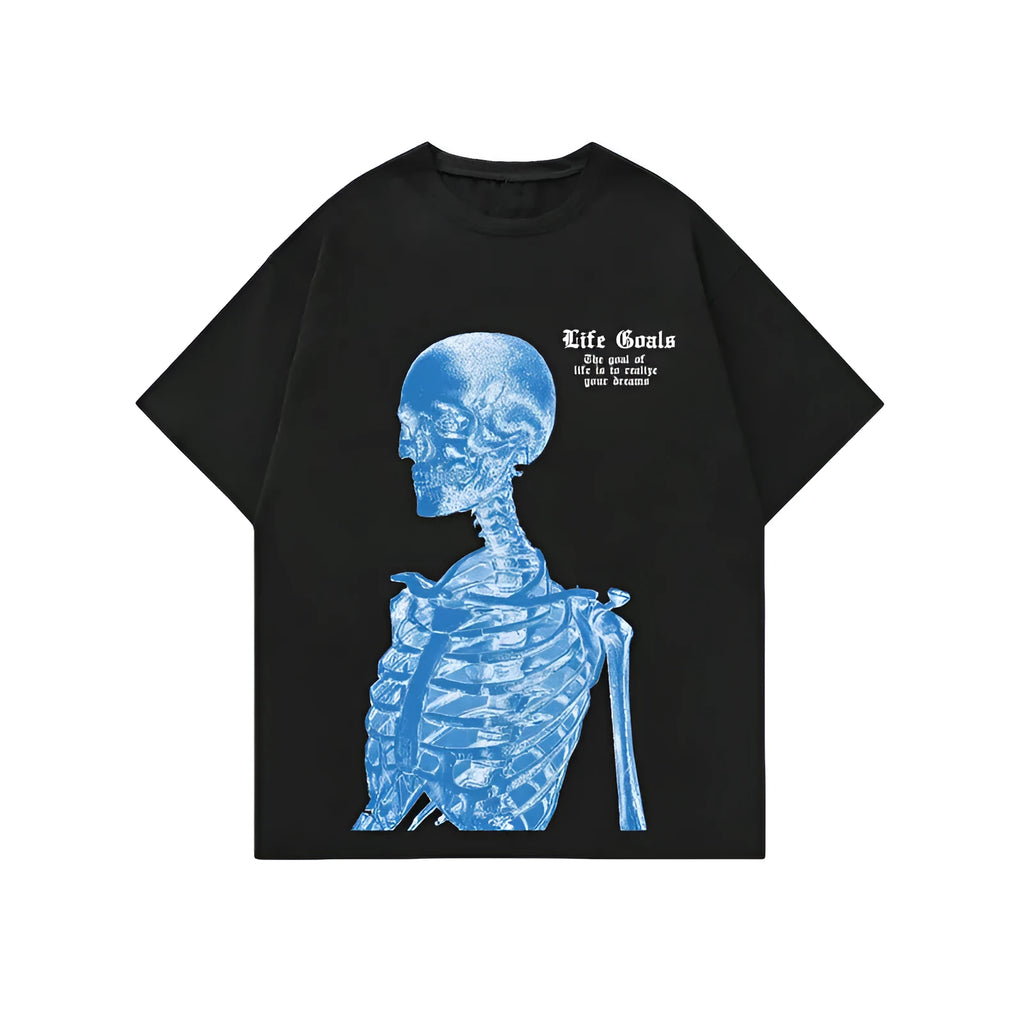 Short-sleeved men's printed street sports t-shirt on a hanger, showing digital print design.