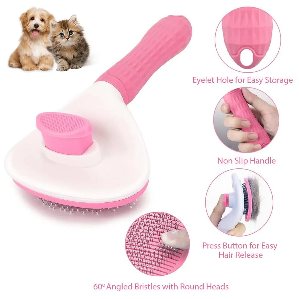 Blue, grey, and pink cat brush with a release button for pet hair removal