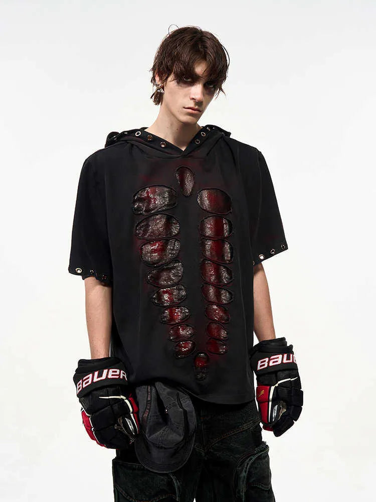Black men's hooded short-sleeve t-shirt with sequin detail, loose fit