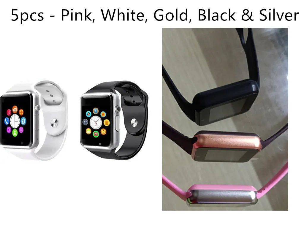 A1 Smart Watch with 1.54-inch screen in various colours including black, silver, white, gold, pink, red, green, and blue