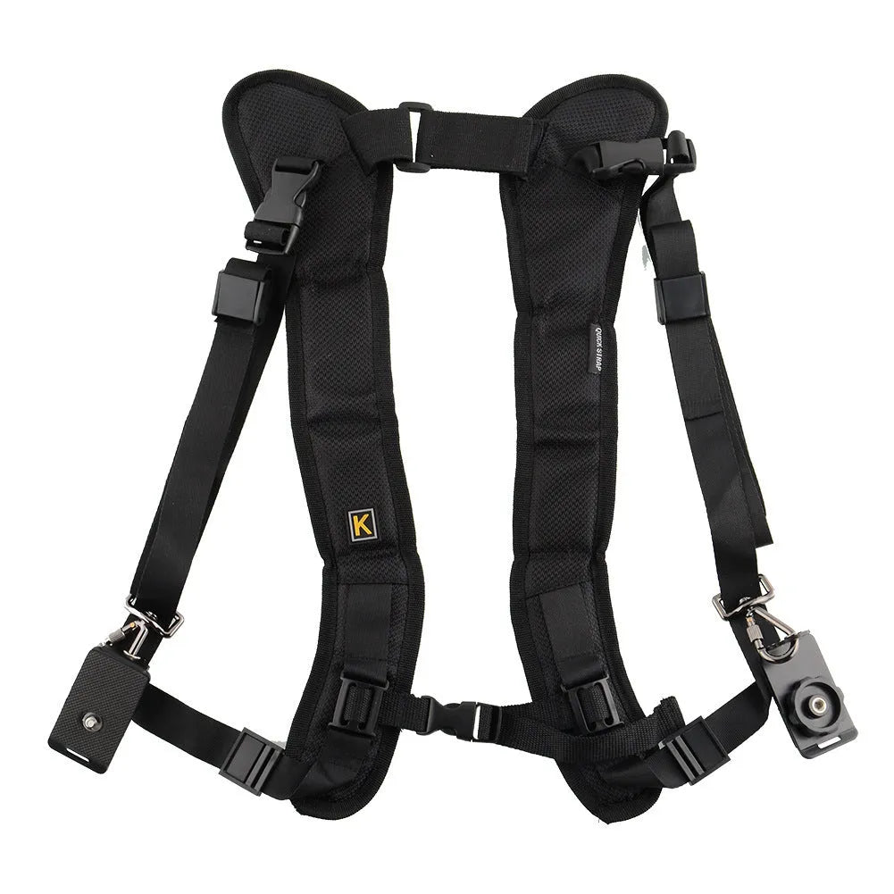 Black professional dual SLR camera strap with shoulder padding shown holding two cameras.