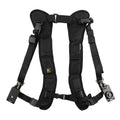 Black professional dual SLR camera strap with shoulder padding shown holding two cameras.