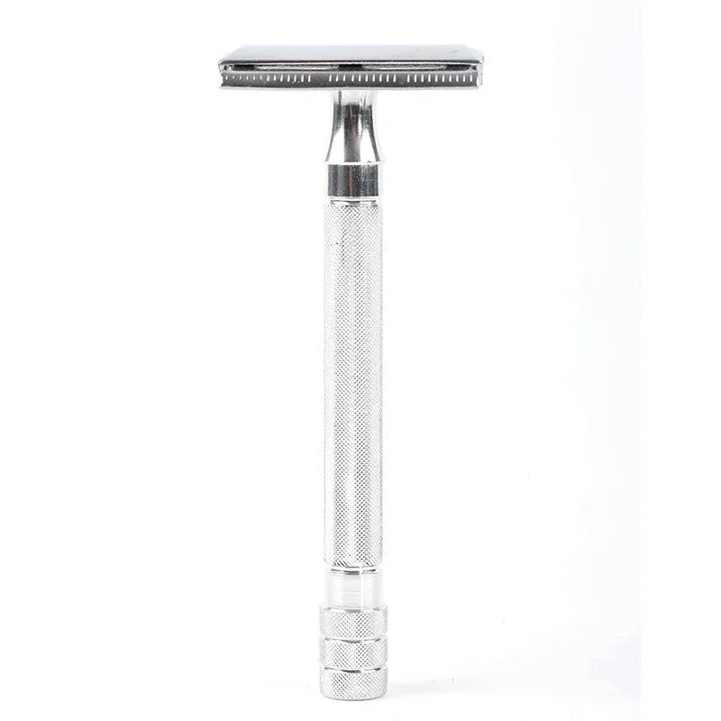 Traditional manual metal shaver with chrome plating and included shaving brush