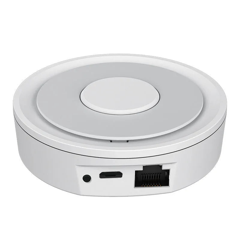 White square ZigBee smart home gateway measuring 78mm with USB power port
