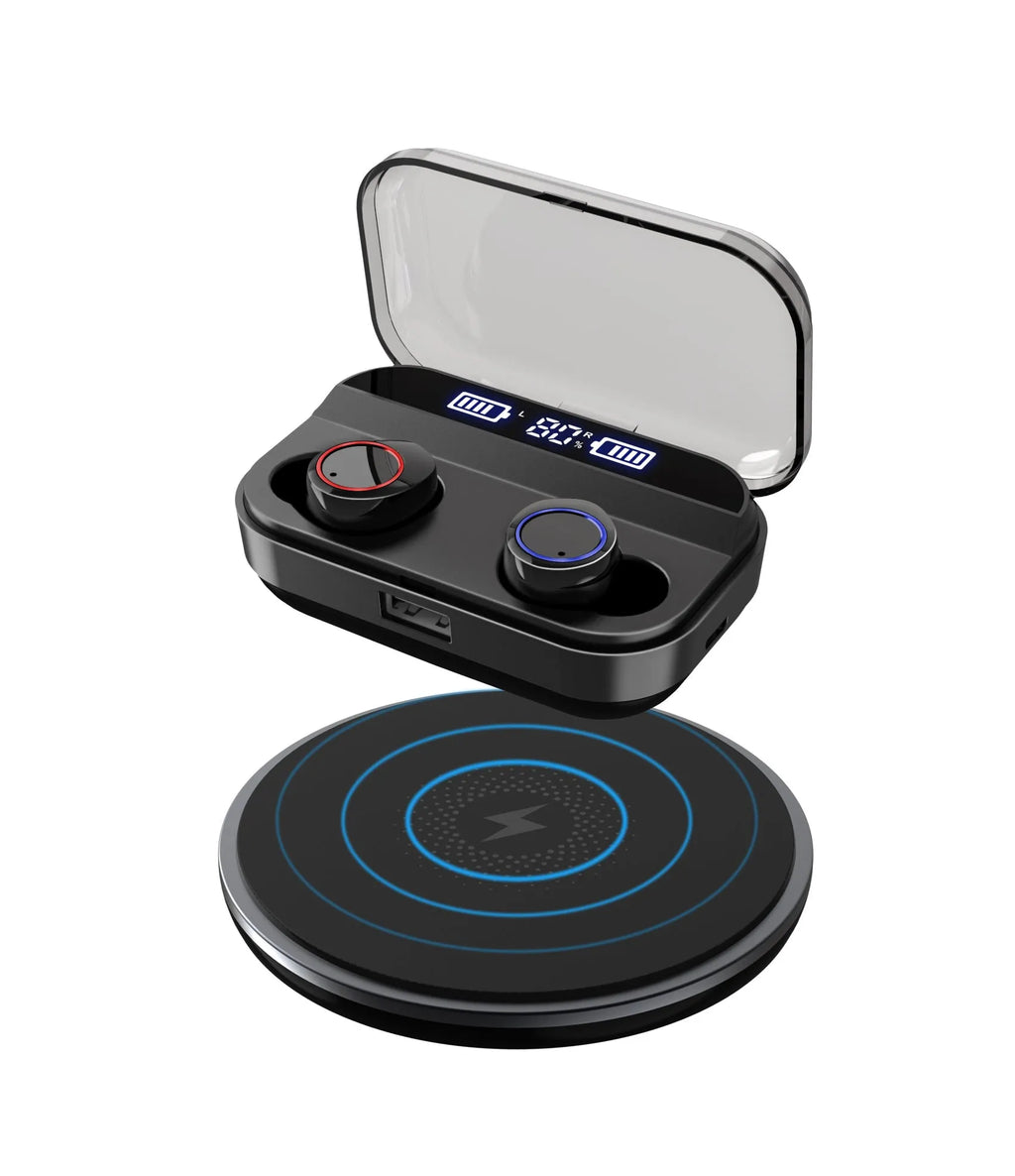 Black X11 Bluetooth wireless earbuds with charging case and silicone ear tips