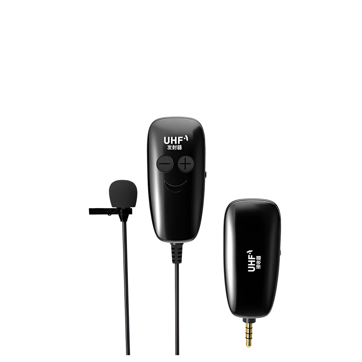 Black mobile phone lavalier microphone with 3.5mm plug and APS shielded cable
