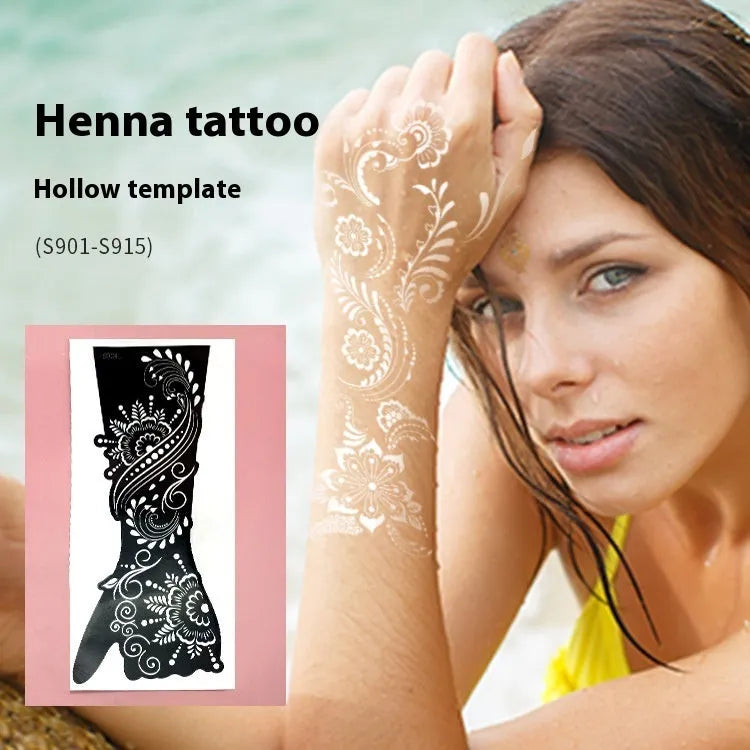 Geometric hollow tattoo template stickers showing 30 pattern variations with left and right designs