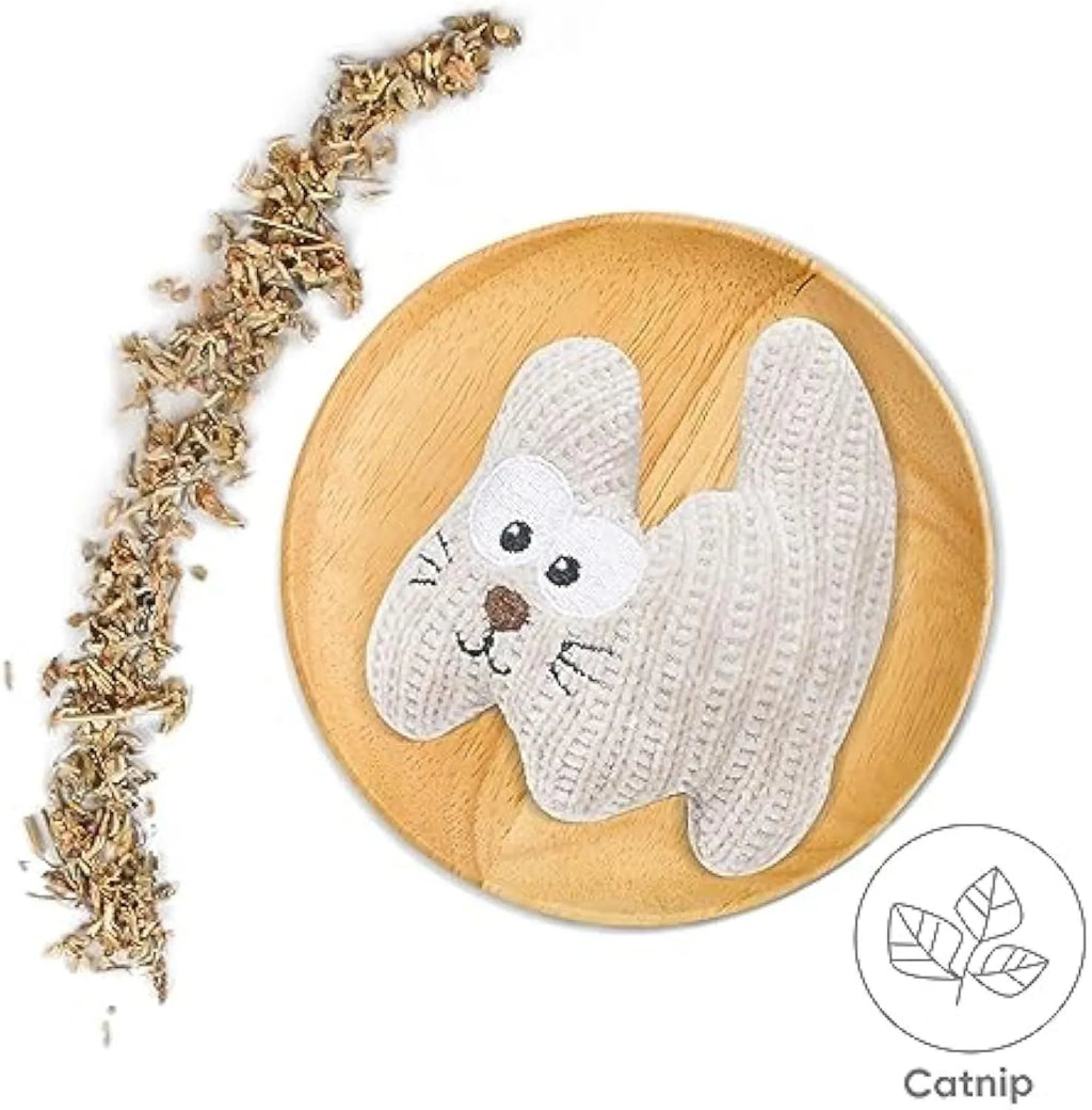 Cyan knitted plush cat toy with rope sections, containing catnip and a bell, shown on a white background.