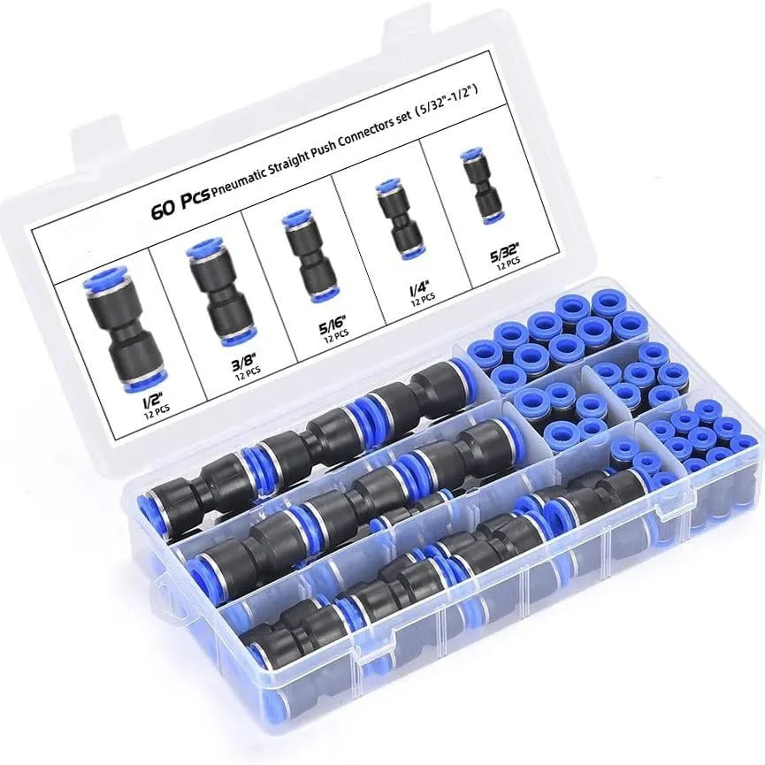60-piece pneumatic quick push-in connector set with alloy plastic construction and R1/4 R1/2 threads