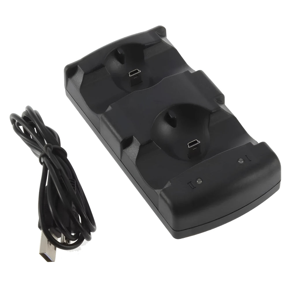 Black PS3 dual USB charging dock with two controller stations and a connected USB cable