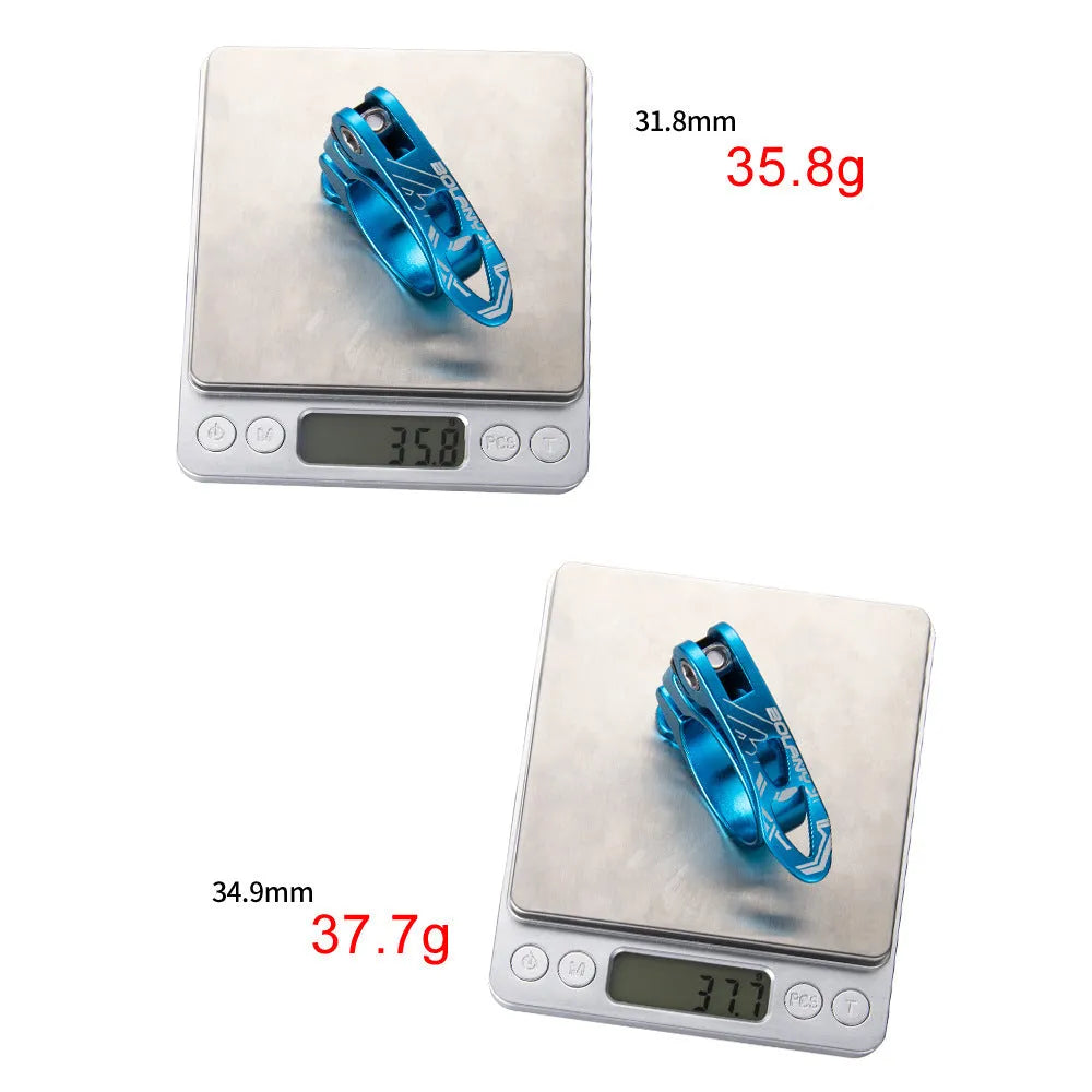 Aluminium mountain bicycle seat post clamp accessory in black, blue, gold, or red.