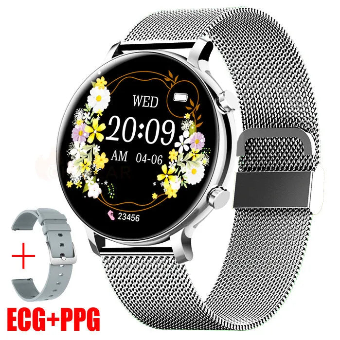 Bluetooth smartwatch with stainless steel strap showing 41-43mm screen with heart rate display